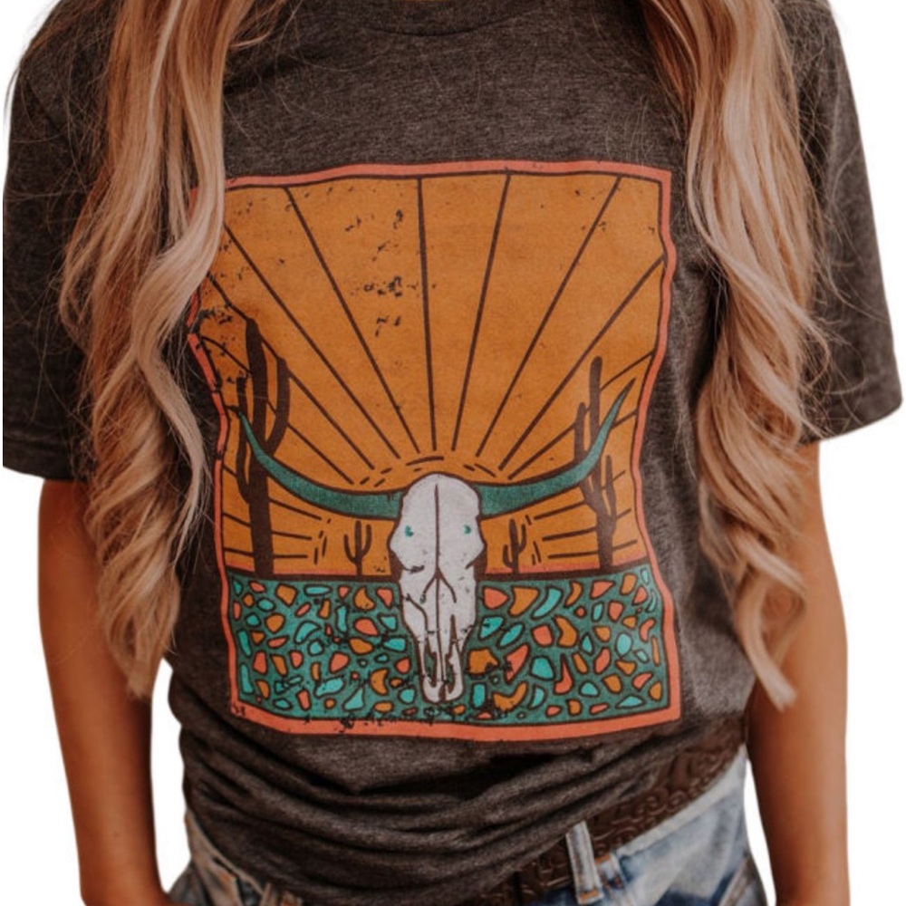 Grey Western Steer Skull Graphic Crew Neck Tee